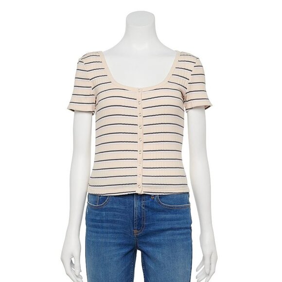 Striped Ribbed Button-Front Short Sleeve Crop Top XS By So Beige/Black - Picture 1 of 6